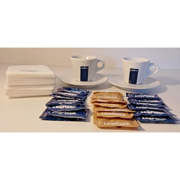 LAVAZZA Espresso Cups and Saucers Lot of 2 with Napkins and Sugar Packets Italy - Picture 3 of 10